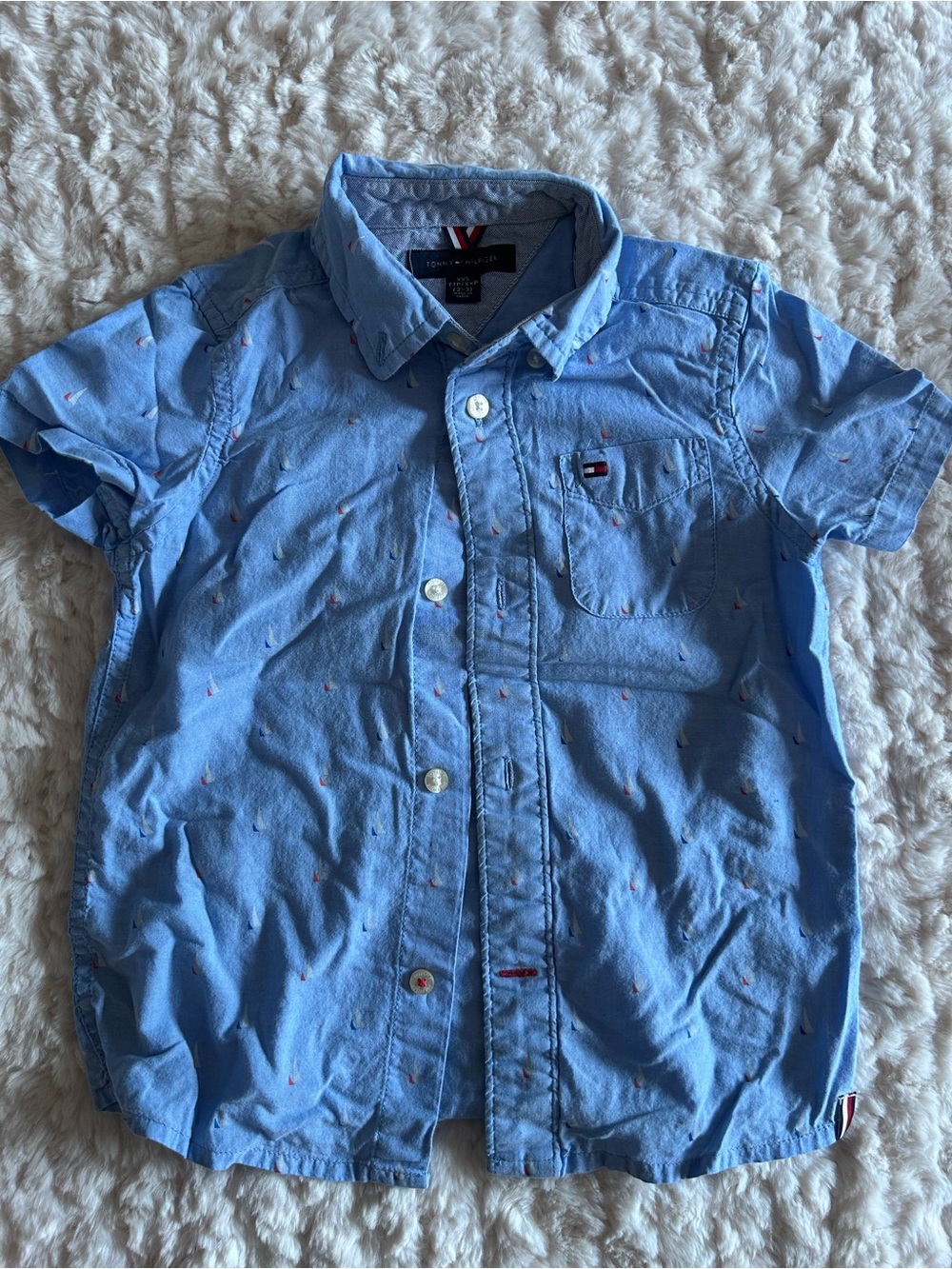 Tommy Hilfiger Light Blue Short-Sleeve Button-Down Shirt with Subtle Embroidery